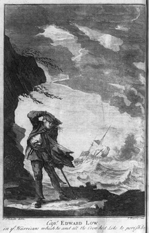 Capt. Edward Low in a hurricane which he and all the crew had like to perished. Illus. in: Charles Johnson, History of Most Famous Highway Men. London, 1734.