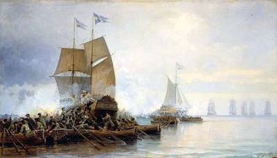 Capture of Swedish ships at the mouth of the Neva, Blinov Leonid Demyanovich, 1890.