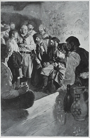 He Led Jack up to a Man Who Sat upon a Barrel: originally published in Pyle, Howard (1894) Jack Ballister's Fortunes, The Century Company.