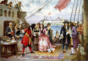 Captain William Kidd welcoming a young woman on board his ship. Postcard published by The Foundation Press, Inc., 1932. Reproduction of oil painting from series: The Pageant of a Nation.