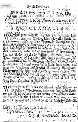 Proclamation from Woodes Rogers naming Jack Rackham and crew as pirates, 5th September 1720.
