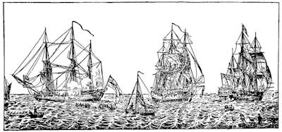 English vessels: Hamshire (56 canons), Dehring (36) and Hudson Bay (32) in Hudson Bay in 1697 during King William's War.