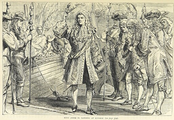 James II of England lands at Kinsale with an army to attempt to regain power in Ireland from p. 405 of the 1873 book British Battles on Land and Sea, volume 1, James Grant. 