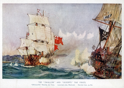 HMS Swallow , under Chaloner Ogle, at the Battle of Cape Lopez against pirate Black Bart in his ship Royal Fortune, in which Roberts was killed. Painted by Charles Edward Dixon.