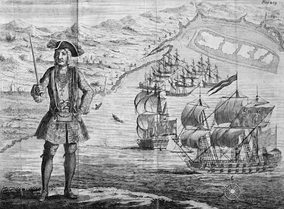 Captain Bartho. Roberts with two Ships, Viz the Royal Fortune and Ranger, takes in Sail in Whydah Road on the Coast of Guiney, January 11th. 1721/2, a copper engraving.