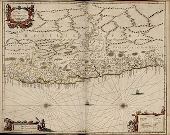 Map of the Captaincy of Pernambuco oriented to the West. Map published by Janssonius in 1657 in his Atlas.