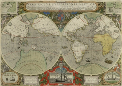 Jodocus Hondius: Vera Totius Expeditionis Nauticae showing route of Francis Drakes and Thomas Cavendishs Circumnavigations of the globe. Amsterdam: 1595.