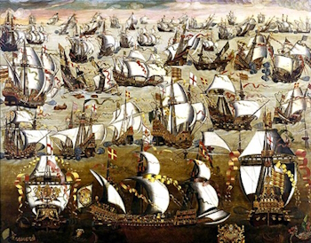 English ships and the Spanish Armada, August 1588. Painted in the 16th century by an unknown artist.