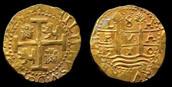  Rare 8 Escudos Lima dated 1710 recovered from the 1715 Fleet. Photo Augi Garcia for Daniel Frank Sediwck, LLC Treasure Auction #4, 2008.