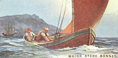  A “Pirates & Highwaymen” cigarette card published by the W.D. & H.O. Wills company in 1925, number 3 of a series of 25, titled: Major Stede Bonnet. Bonnet’s Escape from Charleston.