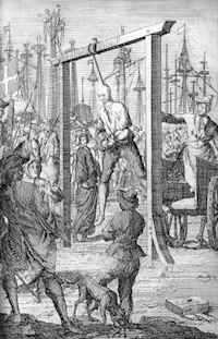 The Hanging of Major Stede Bonnet: this engraving was published in the Dutch version of Charles Johnson's A General History of the Pyrates—Historie der engelsche zee-roovers ... door Capiteyn Charles Johnson (1725), Amsterdam: Hermanus Uytwerf.