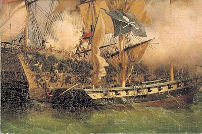  A painting showing a pirate ship attacking a merchants's ship. It appears to be a version of Ambrose Louis Garneray's La Prise du Kent par Surcouf, with a Jolly Roger added, painted after 1852.