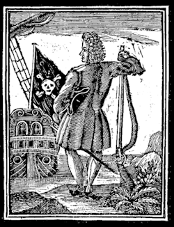 Print engraving of Stede Bonnet in Charles Johnson's A General History of the Pyrates, 1725.