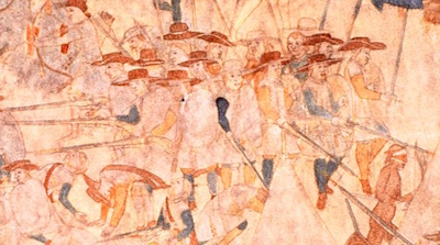 Hide painting depicting 1720 defeat of the Villasur expedition, created before 1758.
