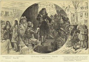 Engraving depiction colonial New York councilors Nicholas Bayard, Stephanus van Cortlandt, and Frederick Phillipse attempting to quiet revolutionary fears at the time of Leisler's Rebellion in New York City, 1689.