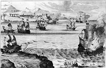  Illustration of Henry Morgan’s destruction of the Spanish Armada de Barlovento at Maracaibo in 1669. From Alexandre Exquemelin’s The Bucaniers of America (1684; Crooke edition).