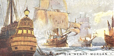A “Pirates & Highwaymen” cigarette card published by the W.D. & H.O. Wills company in 1925, number 14 of a series of 25, titled Sir Henry Morgan - The Defeat of the Spanish Ships.