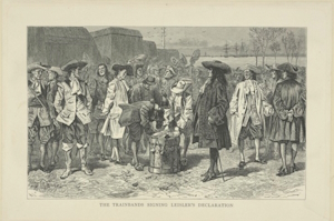 Wood engraving - The trainbands signing Leisler's declaration.