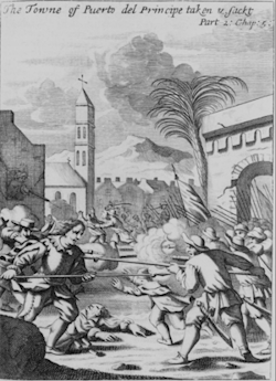 An illustration showing the attack of the buccaneer force led by Henry Morgan on Puerto Principe, Cuba in 1668. From On the Spanish Main by John Masefield, 1939.