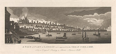 Engraving - A View of Part of London as it appeared in the Great Fire of 1666, Peter Mazell.