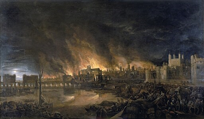 This painting shows the great fire of London as seen from a boat in vicinity of Tower Wharf, unknown artist, 1675.
