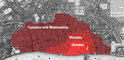 Day-by-day spread of the Great Fire of London.