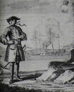 An engraving depicting the pirate Edward England with in the background the fight of the Fancy and the Cassandra, engraving 18th century.