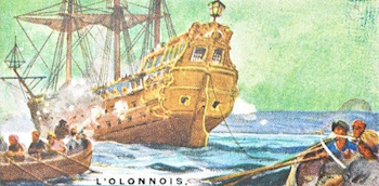 Pirates & Highwaymen cigarette card published by the W.D. & H.O. Wills company in 1925, number 17 of a series of 25, titled “L’Olonnois.