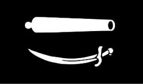Howell Davis pirate flag, described as -their Standard, which they hoisted at Main-topmast-head, with a Gun and Sword-.
