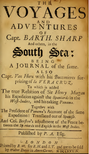  The cover for The Voyages and Adventure of Captain Bartholomew Sharp. A later edition including and account of Henry Morgan., 1684.