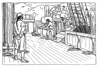 1926 Illustration of loading the ship San Carolos by artist Jo Mora. Illustrations are from the book Dawn and the dons; the romance of Monterey. By Tirey L. Ford.
