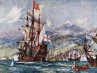 HMS St George under Admiral Robert Blake at the 1657 Battle of Santa Cruz during the 1654–60 Anglo-Spanish War. Painted by Charles Edward Dixon.